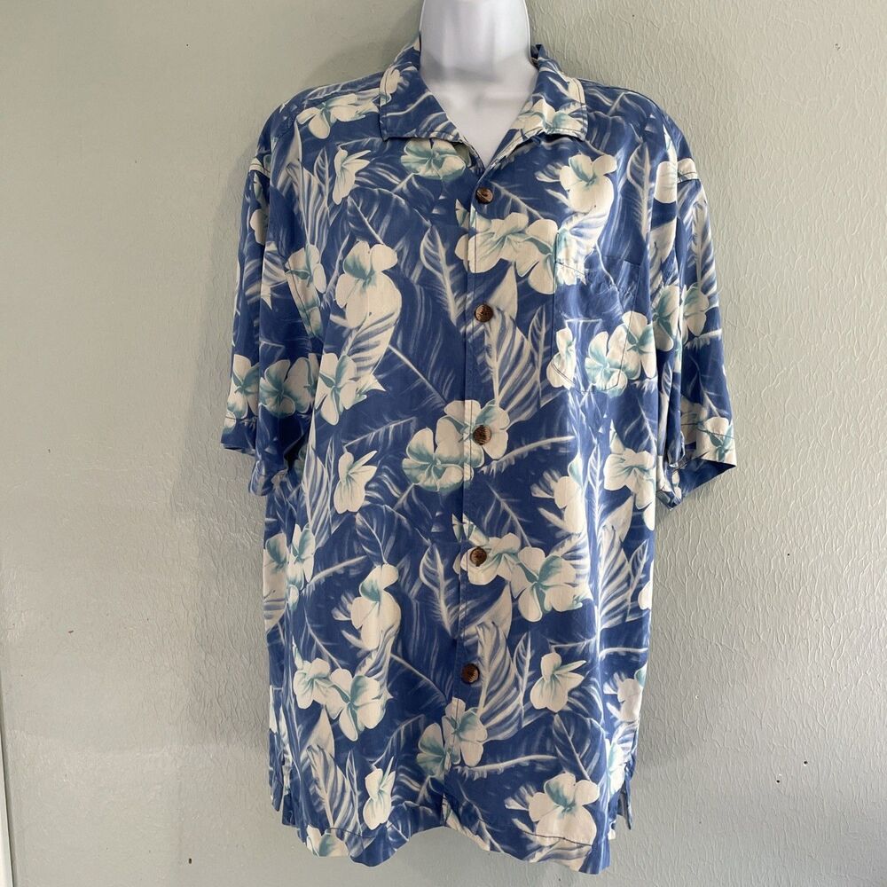 Tommy Bahama Shirt Mens Large Blue White Silk Hawaiian Aloha Button Front Camp